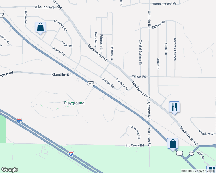 map of restaurants, bars, coffee shops, grocery stores, and more near 2956 Gemini Road in Green Bay