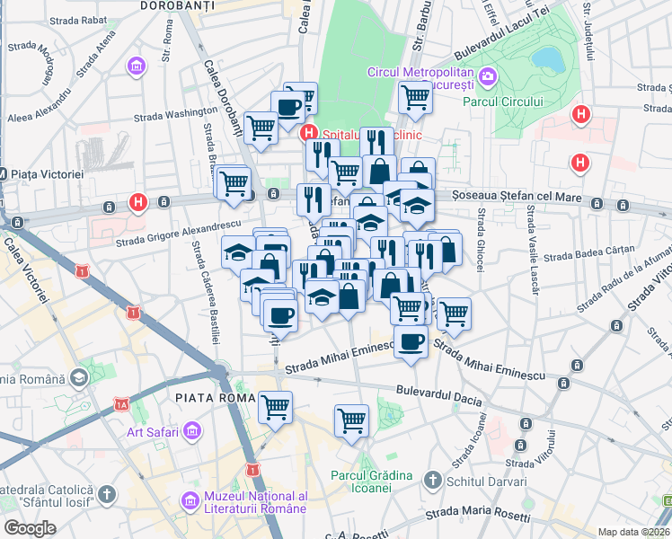 map of restaurants, bars, coffee shops, grocery stores, and more near 68 Strada Polonă in București