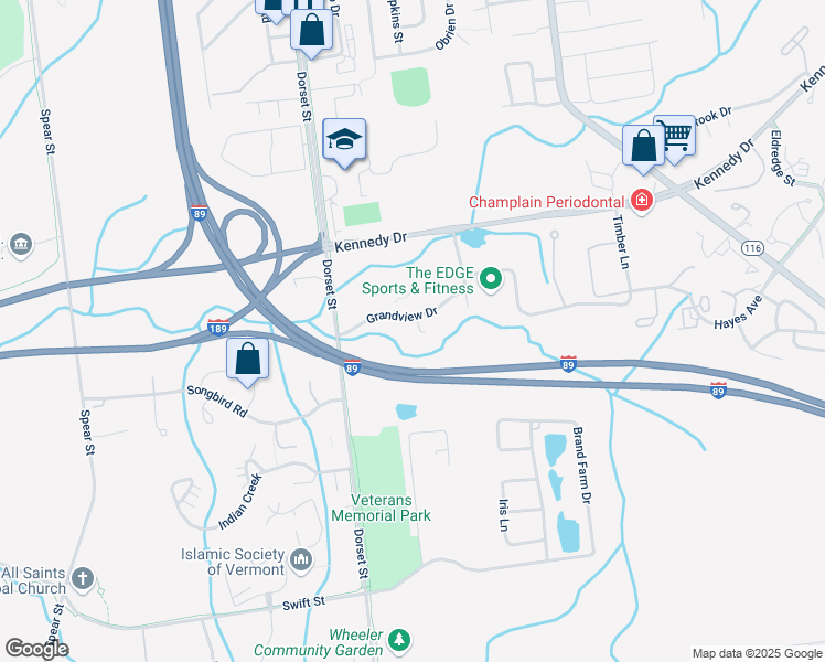 map of restaurants, bars, coffee shops, grocery stores, and more near G4 Grandview Drive in South Burlington