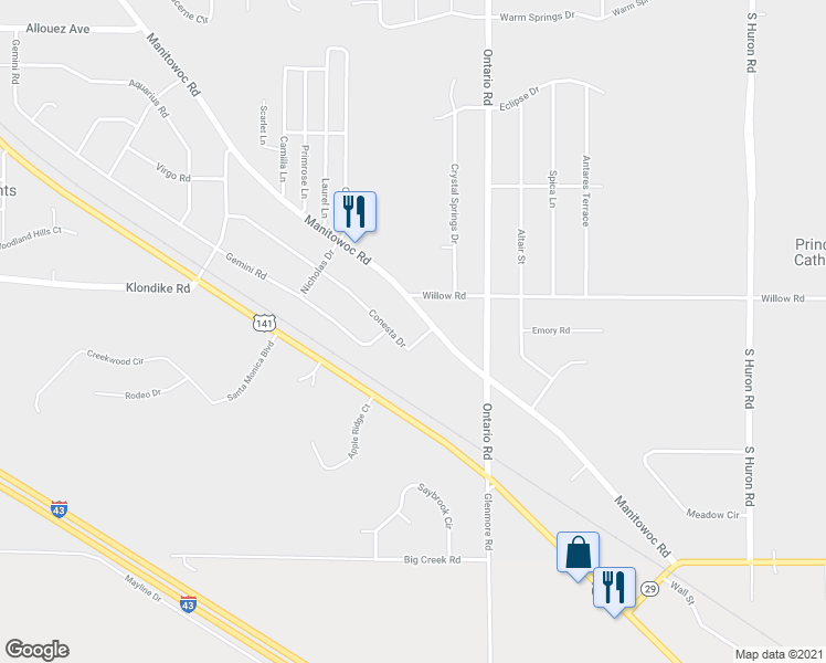 map of restaurants, bars, coffee shops, grocery stores, and more near 3053 Manitowoc Road in Bellevue