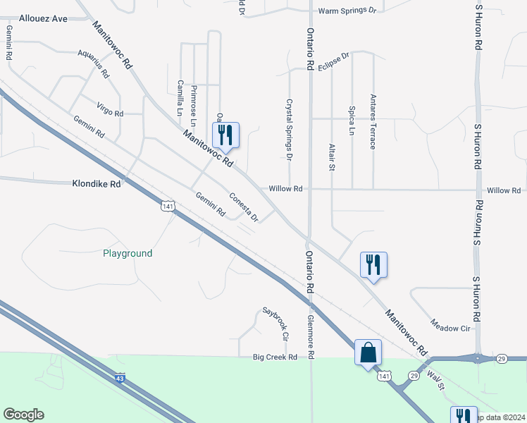 map of restaurants, bars, coffee shops, grocery stores, and more near 3059 Conesta Drive in Green Bay