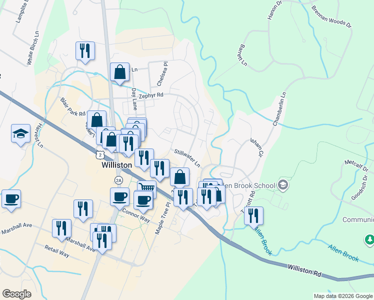 map of restaurants, bars, coffee shops, grocery stores, and more near 280 Holland Lane in Williston