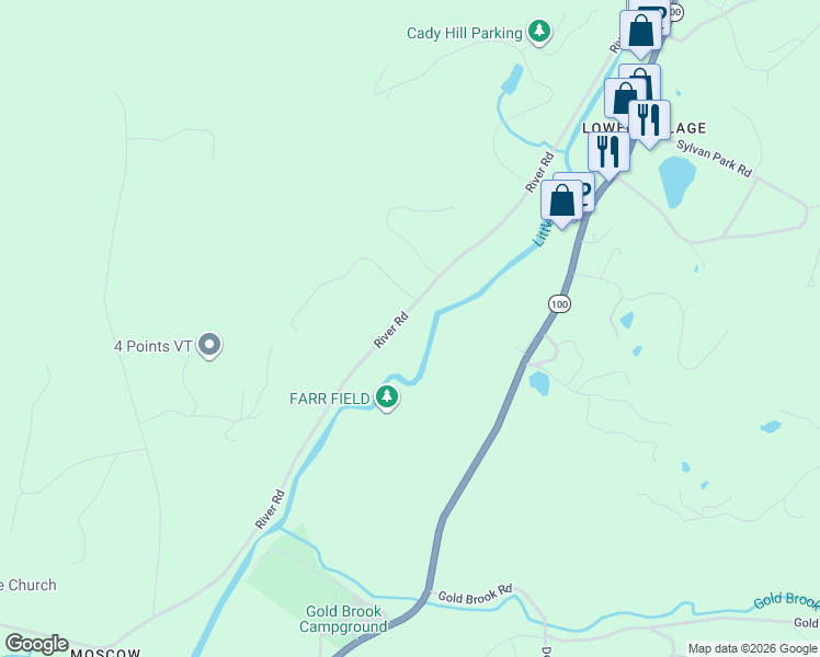 map of restaurants, bars, coffee shops, grocery stores, and more near 823 River Road in Stowe