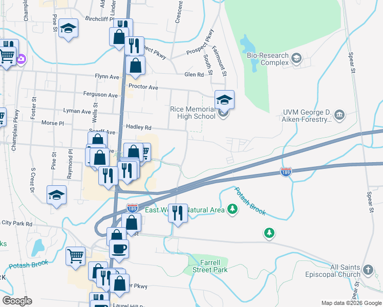 map of restaurants, bars, coffee shops, grocery stores, and more near 78 Eastwood Drive in South Burlington