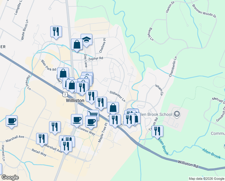 map of restaurants, bars, coffee shops, grocery stores, and more near 280 Holland Lane in Williston