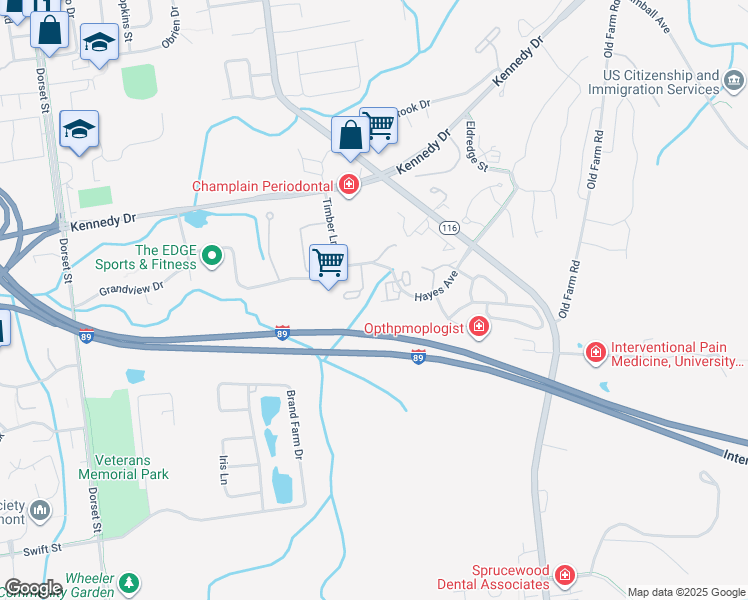 map of restaurants, bars, coffee shops, grocery stores, and more near 10 Hayes Avenue in South Burlington