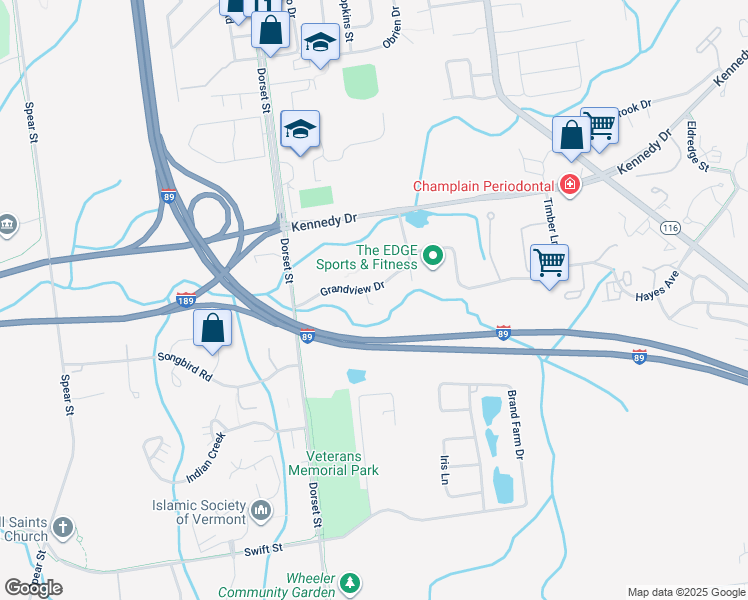 map of restaurants, bars, coffee shops, grocery stores, and more near S5 Grandview Drive in South Burlington