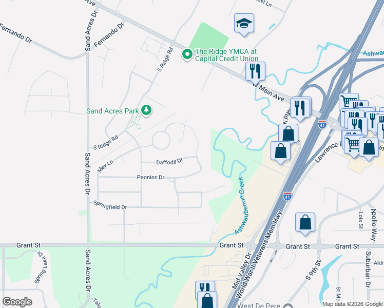 map of restaurants, bars, coffee shops, grocery stores, and more near 3684 Woods Edge Way in De Pere