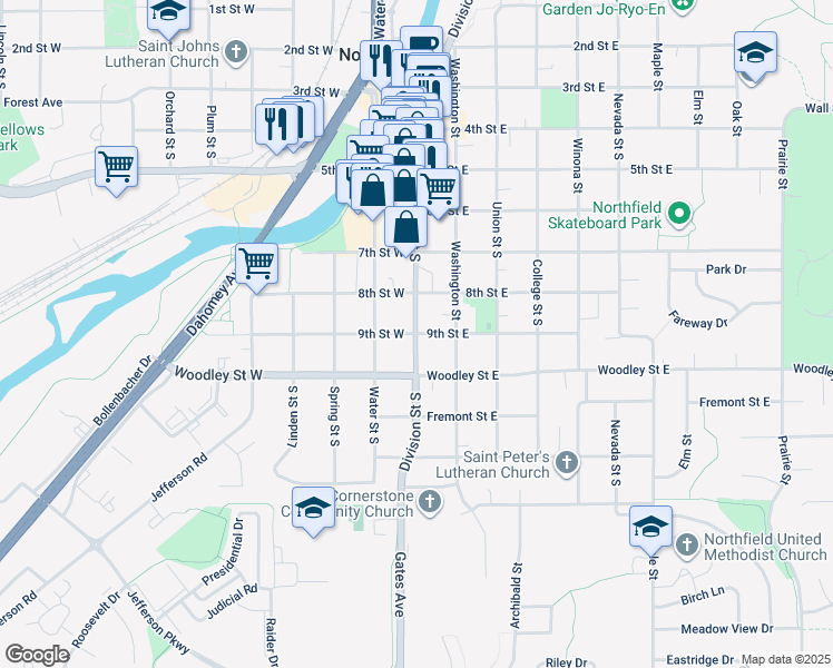 map of restaurants, bars, coffee shops, grocery stores, and more near 816 Division Street South in Northfield