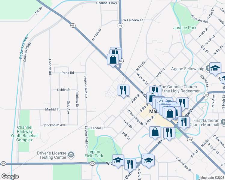 map of restaurants, bars, coffee shops, grocery stores, and more near 220 South 8th Street in Marshall