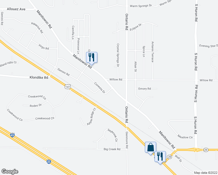 map of restaurants, bars, coffee shops, grocery stores, and more near 3050 Manitowoc Road in Green Bay