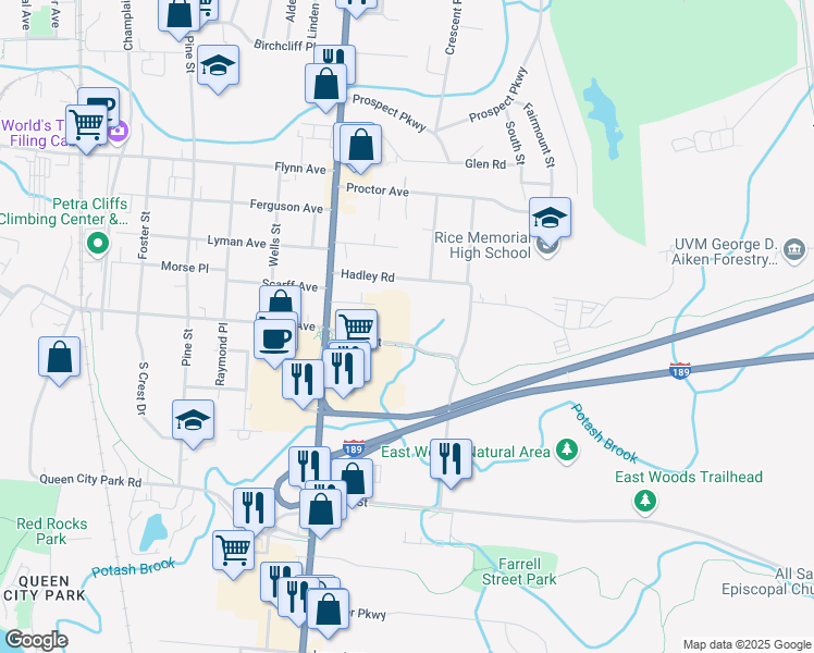 map of restaurants, bars, coffee shops, grocery stores, and more near 410 Farrell Street in South Burlington