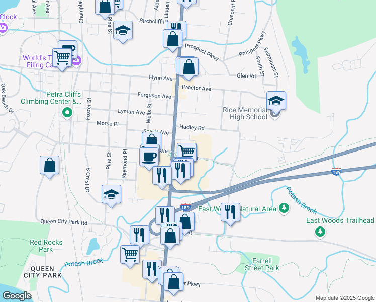 map of restaurants, bars, coffee shops, grocery stores, and more near 25 Bacon Street in South Burlington