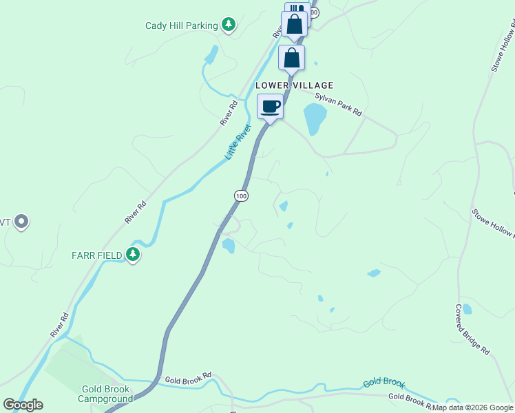map of restaurants, bars, coffee shops, grocery stores, and more near 56 Old Farm Road in Stowe