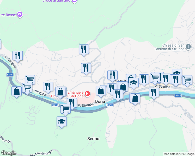 map of restaurants, bars, coffee shops, grocery stores, and more near 15 Via di Creto in Genova