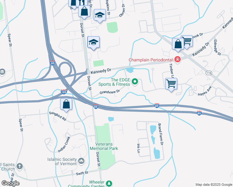 map of restaurants, bars, coffee shops, grocery stores, and more near S5 Grandview Drive in South Burlington