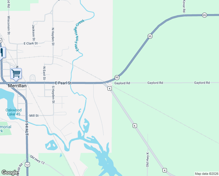 map of restaurants, bars, coffee shops, grocery stores, and more near County Road K in Merrillan
