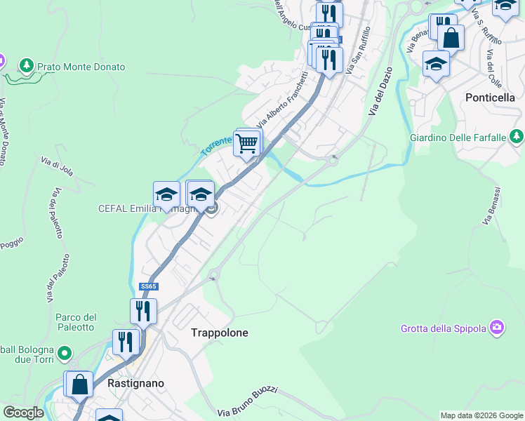 map of restaurants, bars, coffee shops, grocery stores, and more near 33 Via la Bastia in Bologna