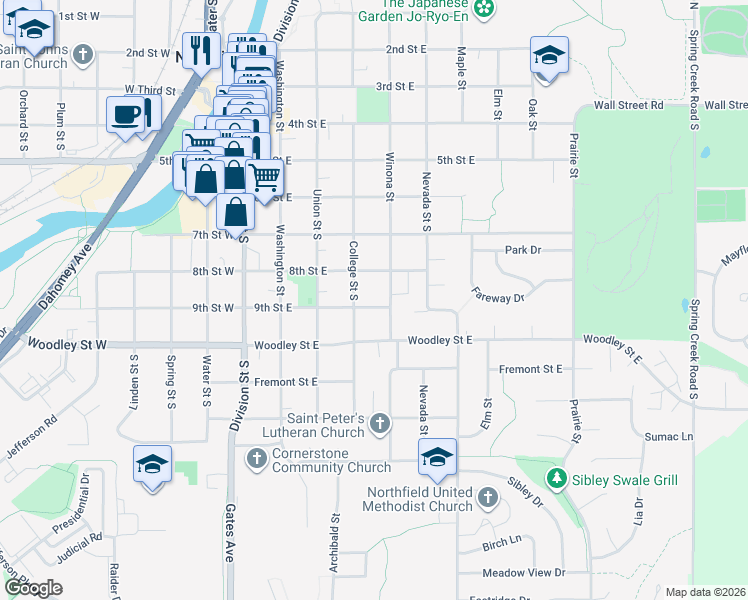map of restaurants, bars, coffee shops, grocery stores, and more near 409 9th Street East in Northfield