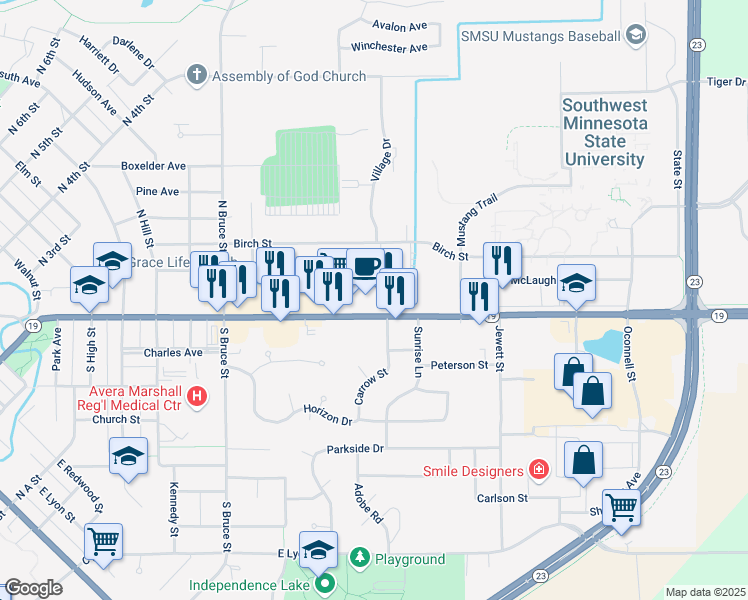 map of restaurants, bars, coffee shops, grocery stores, and more near 1219 East College Drive in Marshall