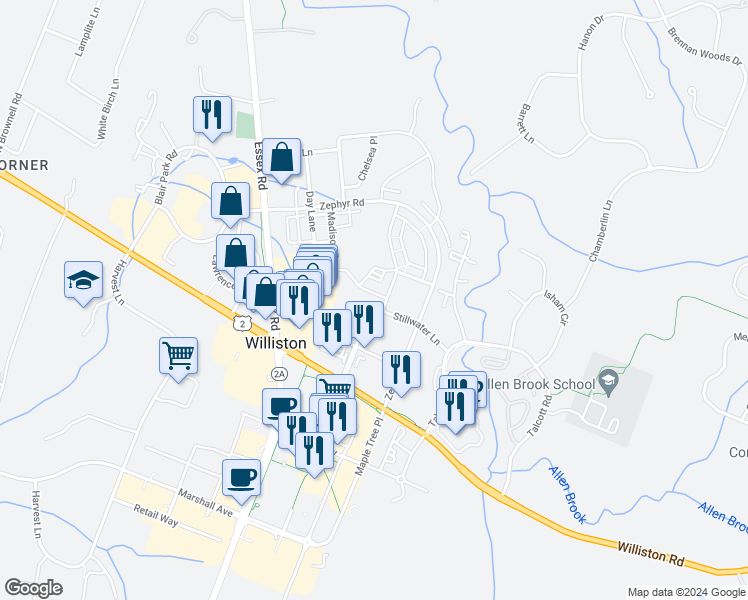 map of restaurants, bars, coffee shops, grocery stores, and more near 280 Holland Lane in Williston