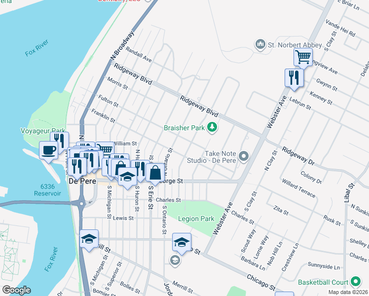 map of restaurants, bars, coffee shops, grocery stores, and more near 515 North Winnebago Street in De Pere