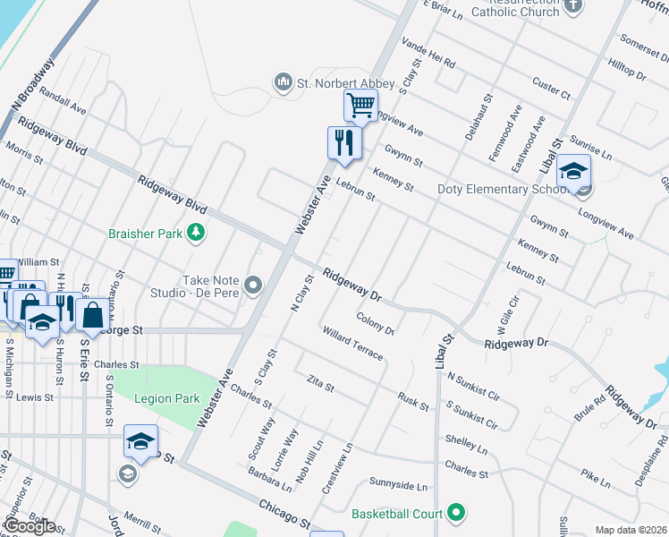 map of restaurants, bars, coffee shops, grocery stores, and more near 1521 Ridgeway Drive in De Pere