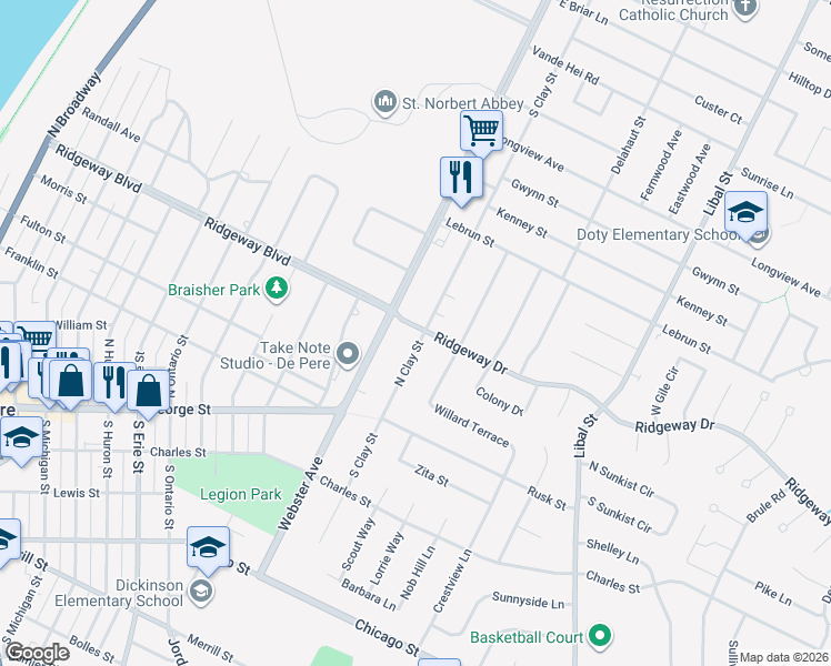 map of restaurants, bars, coffee shops, grocery stores, and more near 1420 Ridgeway Drive in De Pere