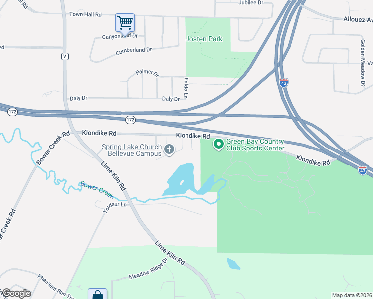 map of restaurants, bars, coffee shops, grocery stores, and more near 2240 Klondike Road in Green Bay