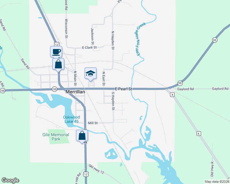 map of restaurants, bars, coffee shops, grocery stores, and more near 103 South Hayden Street in Merrillan