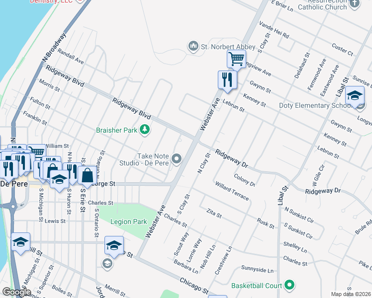 map of restaurants, bars, coffee shops, grocery stores, and more near 701 North Webster Avenue in De Pere