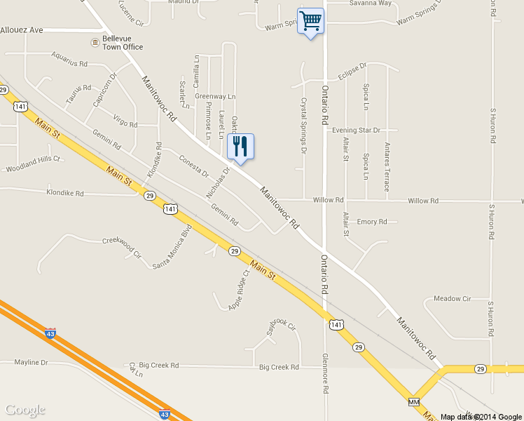 map of restaurants, bars, coffee shops, grocery stores, and more near 3009 Conesta Drive in Green Bay