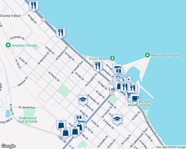 map of restaurants, bars, coffee shops, grocery stores, and more near 406 North High Street in Lake City
