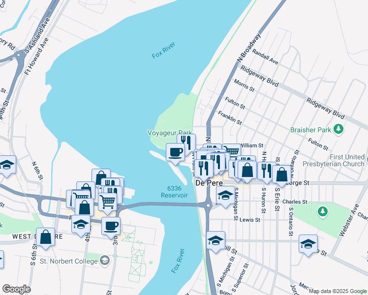 map of restaurants, bars, coffee shops, grocery stores, and more near 200 William Street in De Pere