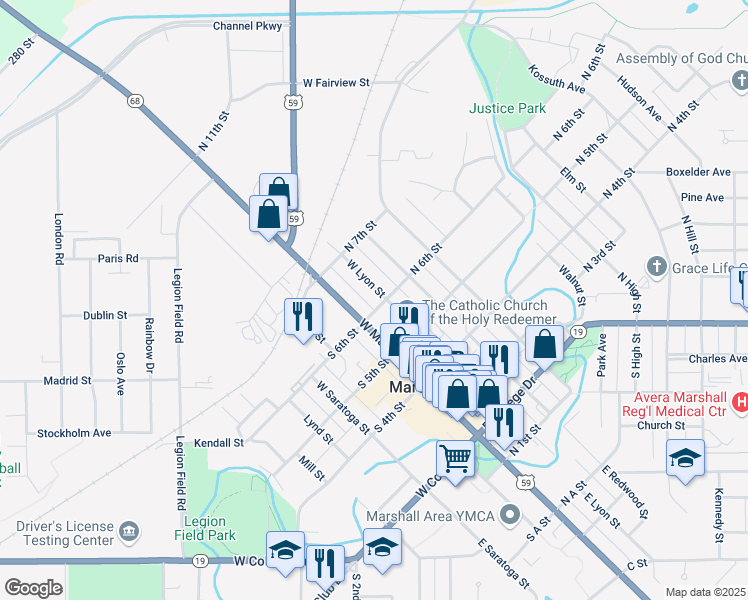 map of restaurants, bars, coffee shops, grocery stores, and more near 601 West Lyon Street in Marshall
