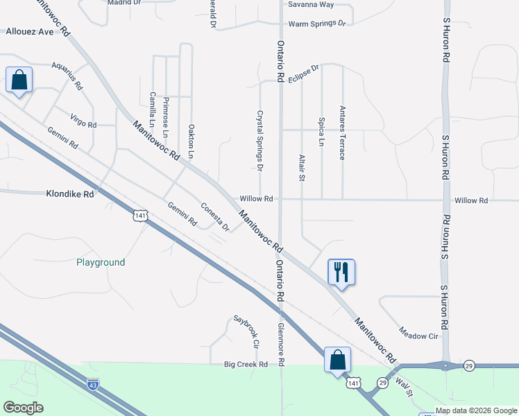 map of restaurants, bars, coffee shops, grocery stores, and more near 2722 Ontario Road in Green Bay