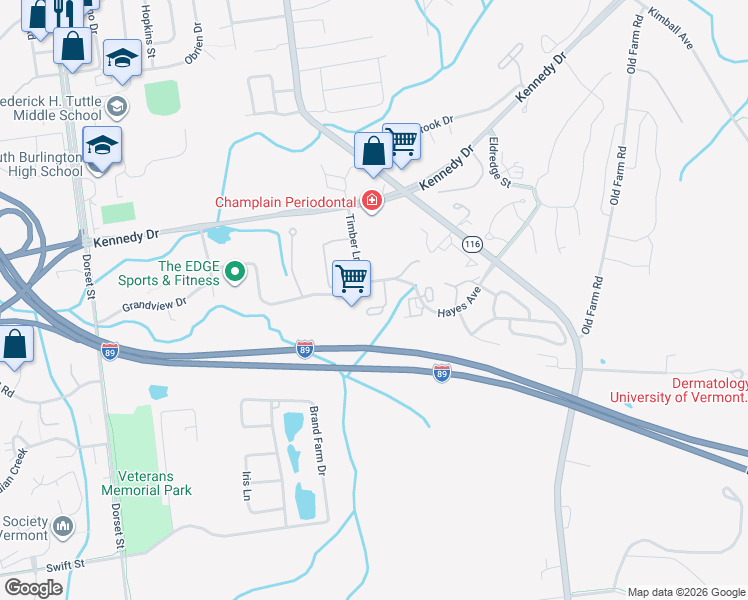 map of restaurants, bars, coffee shops, grocery stores, and more near 30 Hayes Avenue in South Burlington