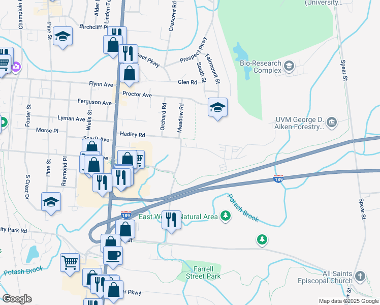 map of restaurants, bars, coffee shops, grocery stores, and more near 78 Eastwood Drive in South Burlington