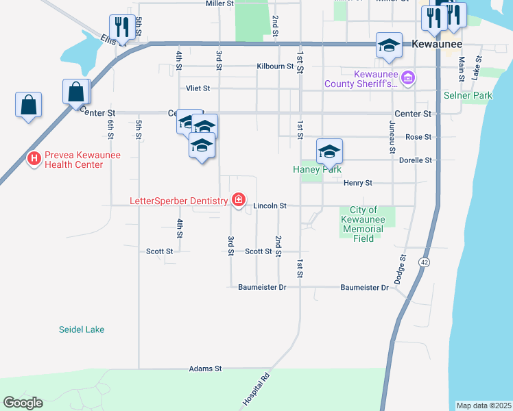 map of restaurants, bars, coffee shops, grocery stores, and more near Lincoln Street in Kewaunee