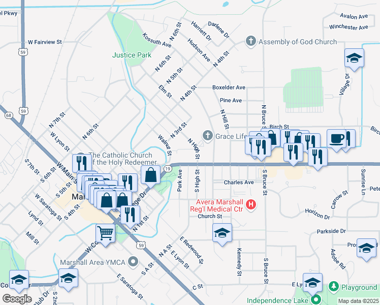 map of restaurants, bars, coffee shops, grocery stores, and more near 506 Summit Street in Marshall