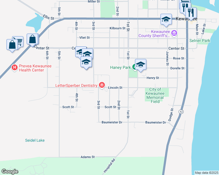 map of restaurants, bars, coffee shops, grocery stores, and more near Lincoln Street in Kewaunee