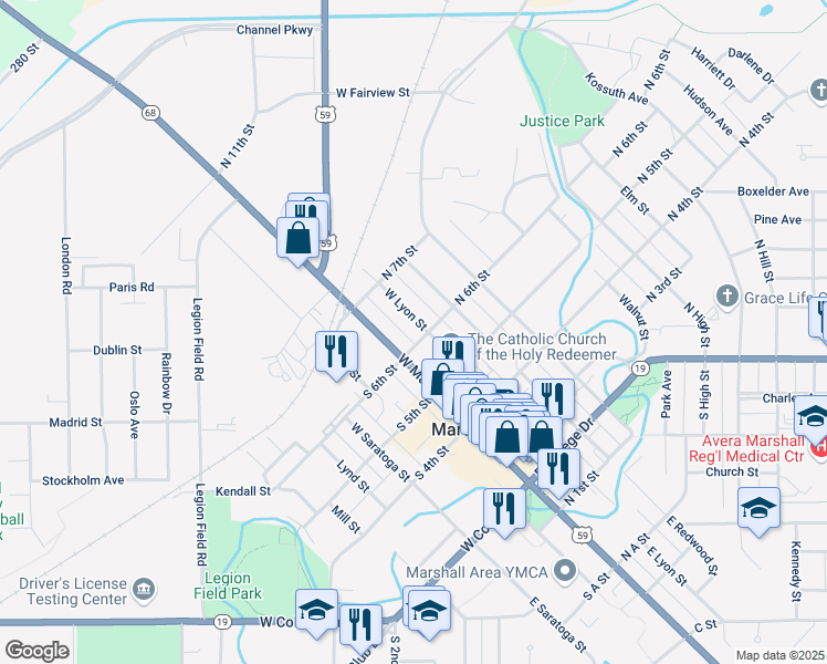 map of restaurants, bars, coffee shops, grocery stores, and more near 601 West Lyon Street in Marshall