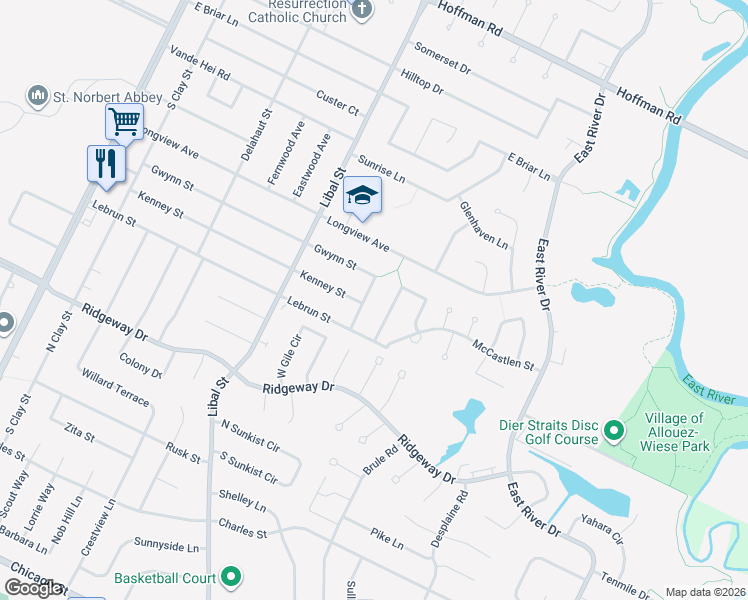 map of restaurants, bars, coffee shops, grocery stores, and more near 3911 Jenkel Terrace in Allouez