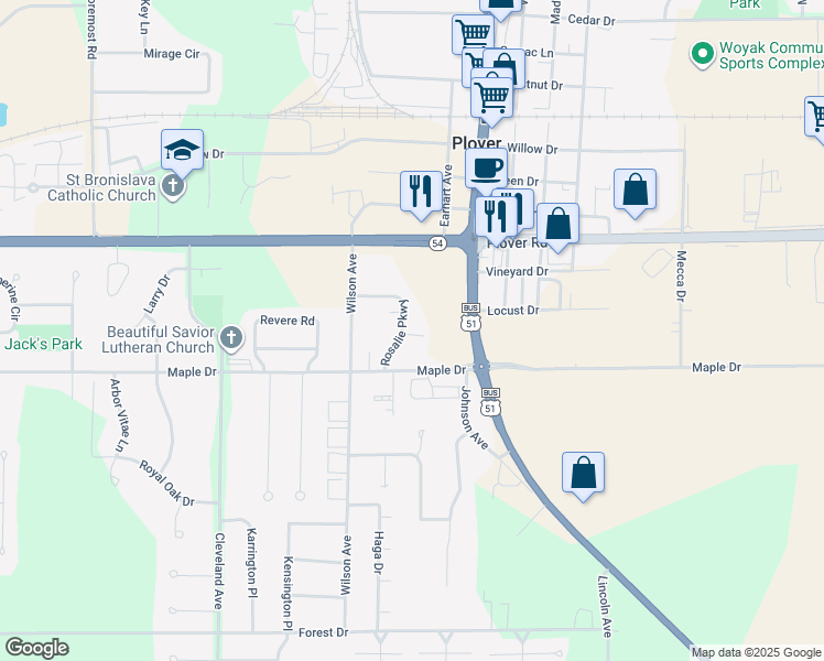 map of restaurants, bars, coffee shops, grocery stores, and more near 3150 Rosalie Parkway in Plover