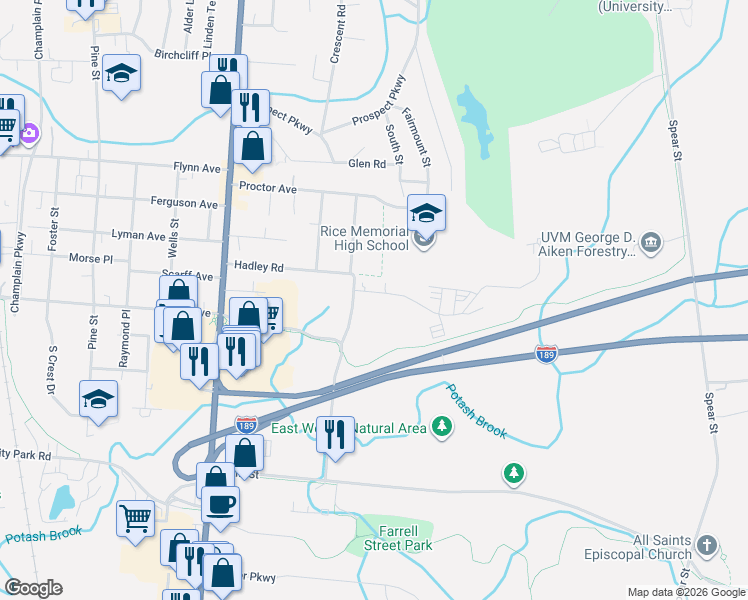 map of restaurants, bars, coffee shops, grocery stores, and more near 80 Eastwood Drive in South Burlington