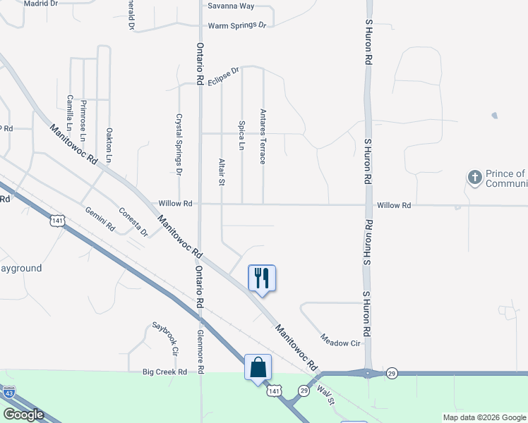 map of restaurants, bars, coffee shops, grocery stores, and more near 3176 Willow Road in Green Bay