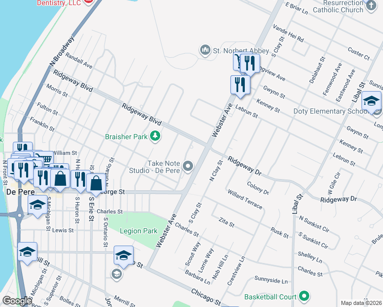 map of restaurants, bars, coffee shops, grocery stores, and more near 701 North Webster Avenue in De Pere