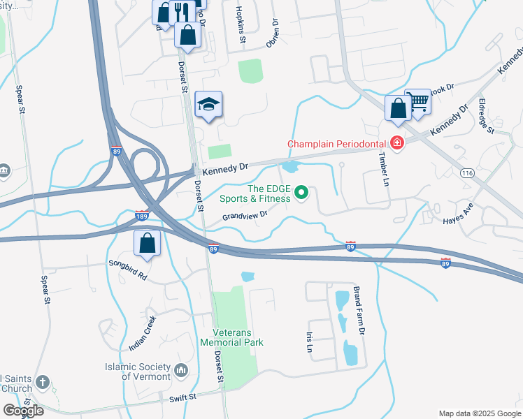 map of restaurants, bars, coffee shops, grocery stores, and more near S5 Grandview Drive in South Burlington