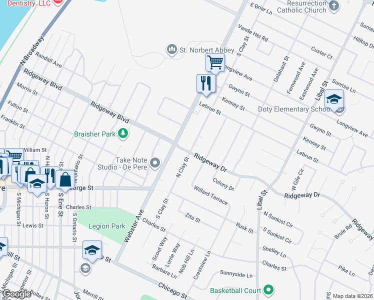 map of restaurants, bars, coffee shops, grocery stores, and more near 1420 Ridgeway Drive in De Pere