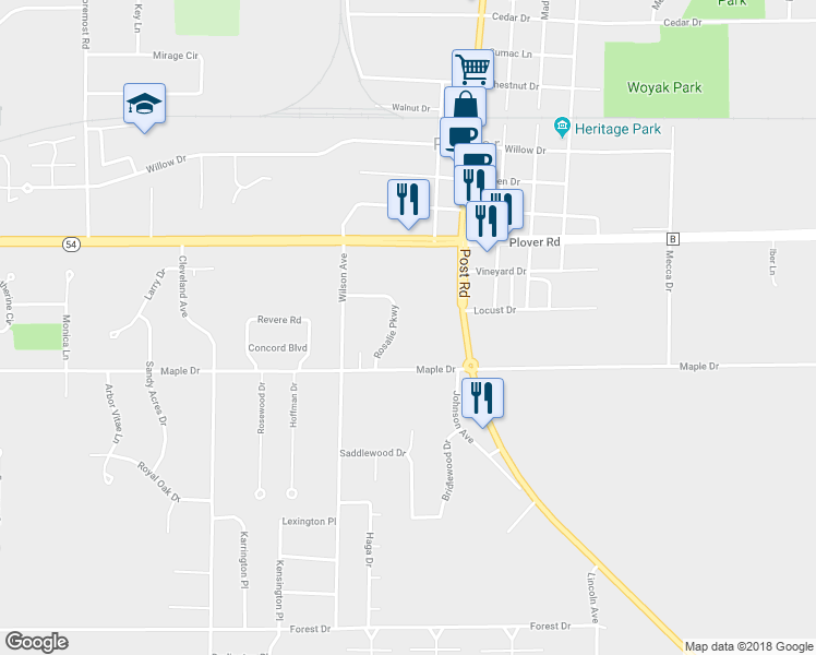 map of restaurants, bars, coffee shops, grocery stores, and more near 3150 Rosalie Parkway in Plover